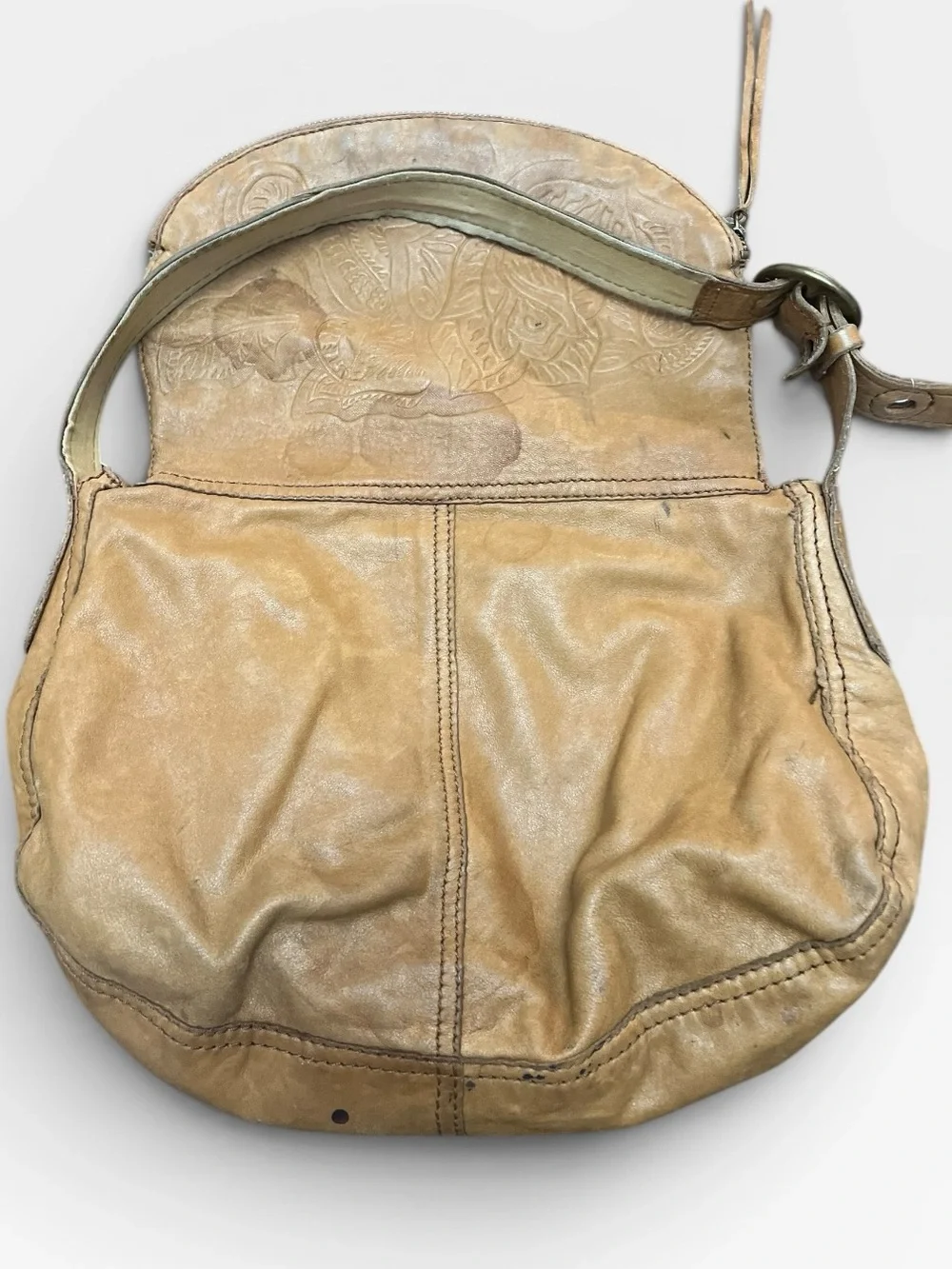 Lucky Brand Ramblin Rose Lambskin Boho Hobo Bag Tan Tooled Y2K